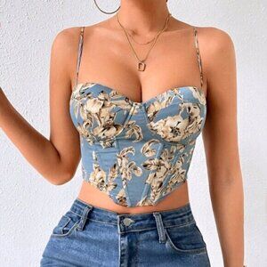 Dusty Blue Boho Women's Floral Print Bustier Cami Top